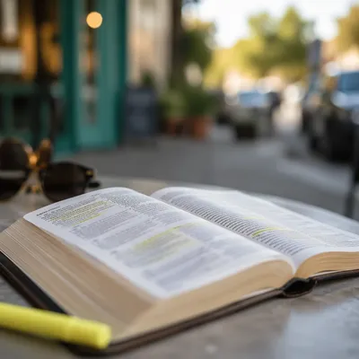 Highlighted Bible Passages on Café Table