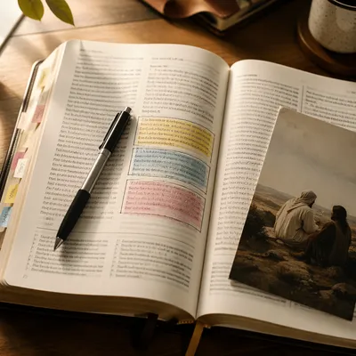 Highlighted Study Bible on Warm Wooden Desk