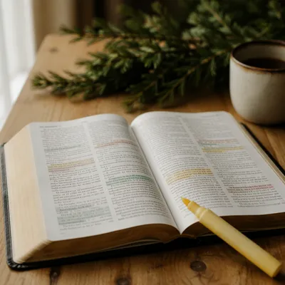 Highlighted Bible Study With Evergreen Sprigs