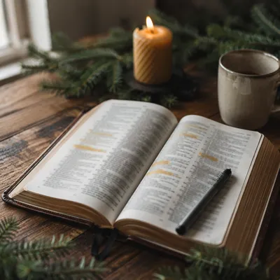 Open Bible with Marker and Evergreen