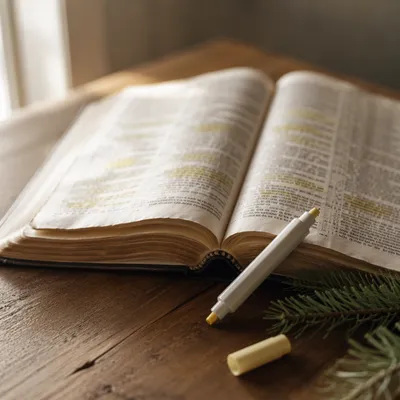 Highlighted Bible Study with Evergreen Sprig