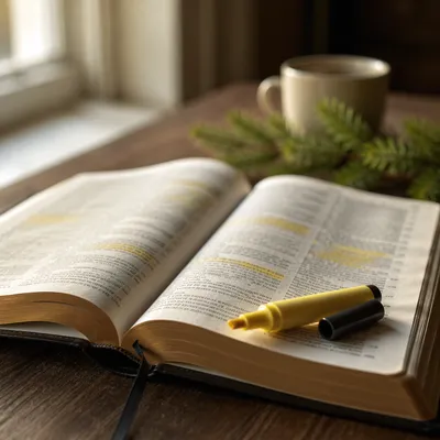 Highlighted Bible Passages with Evergreen Sprig