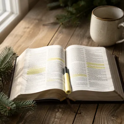 Open Bible with Marker and Evergreen Sprig
