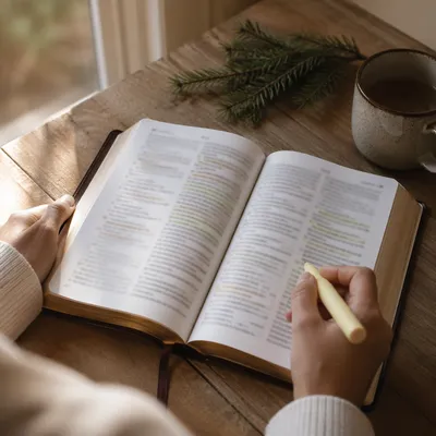 Open Bible with Marker and Evergreen
