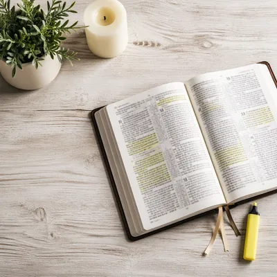 Highlighted Bible Passages with Marker Flat Lay