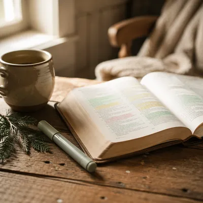 Highlighted Bible Study with Evergreen Sprig
