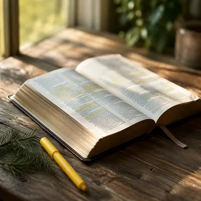 Highlighted Bible Study with Evergreen Sprig
