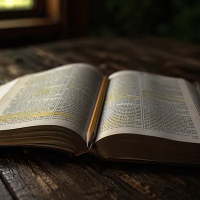 Highlighted Bible Passages with Yellow Pencil