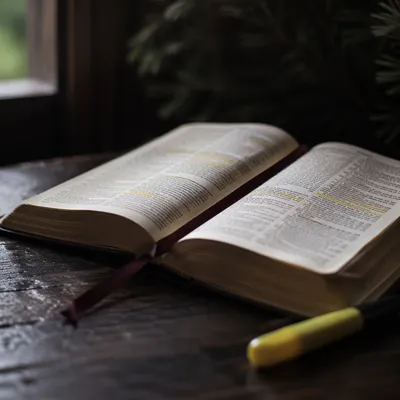 Highlighted Bible Passages with Marker Close-Up