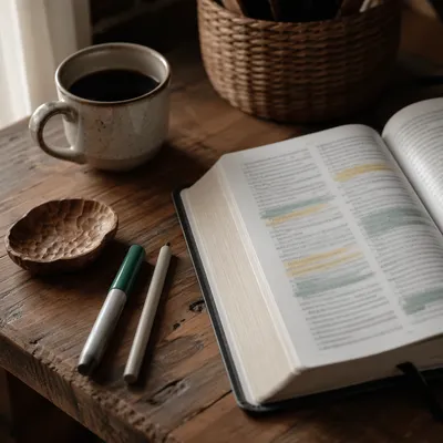 Highlighted Bible Passages on Rustic Table