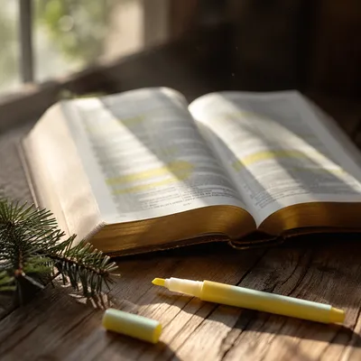 Highlighted Bible with Evergreen Morning Light