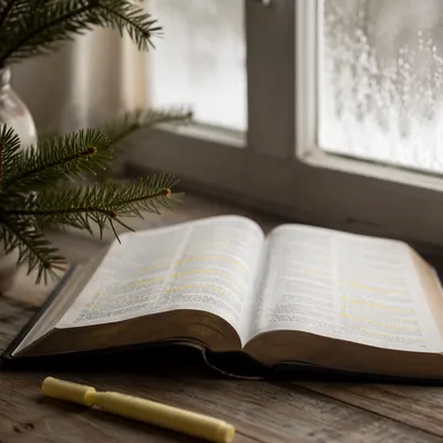 Highlighted Bible Study with Evergreen Sprig