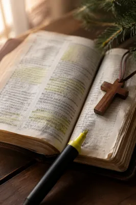 Open Devotional Book with Highlighter and Cross