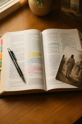 Highlighted Bible Passages on Wooden Desk