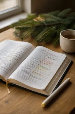 Open Bible with Marker and Evergreen