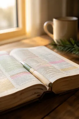 Highlighted Bible Study with Evergreen Sprig