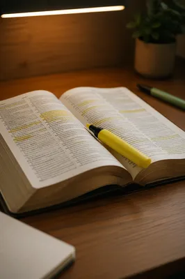 Highlighted Bible Passages on Wooden Desk