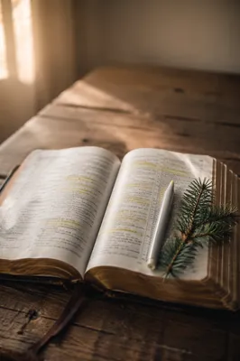 Highlighted Bible with Evergreen Reflection