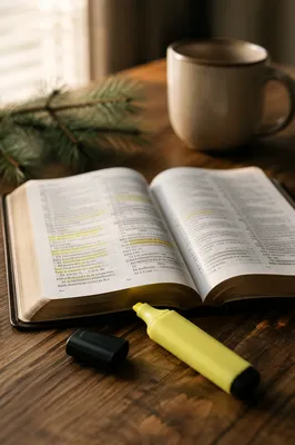 Highlighted Bible Passages with Evergreen Sprig