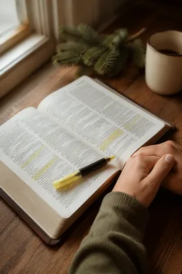 Highlighted Bible Passages with Evergreen Study Scene