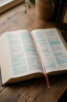 Highlighted Bible Passages on Rustic Table