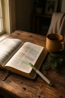 Highlighted Bible Study with Evergreen Sprig