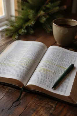 Highlighted Bible Study With Evergreen Sprigs