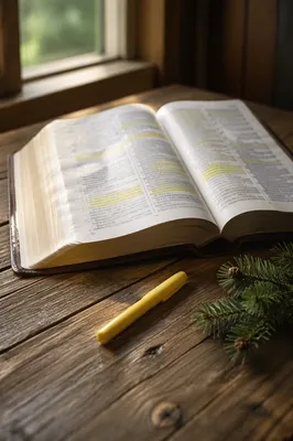 Highlighted Bible Passages with Evergreen Sprig