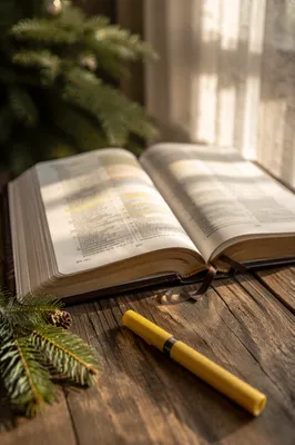 Highlighted Bible with Evergreen Morning Light