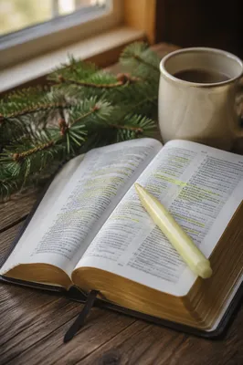 Open Bible with Evergreen and Marker