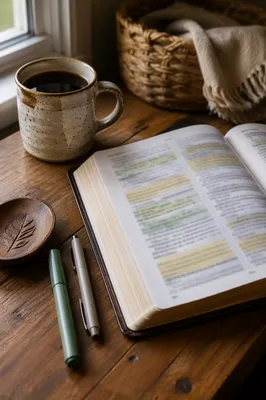 Highlighted Bible Study on Rustic Wooden Table