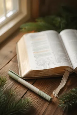 Highlighted Bible Study with Evergreen Sprigs
