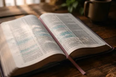 Evergreen Highlighted Bible Passages on Wooden Table