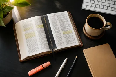 Highlighted Bible Study Desk with Morning Coffee