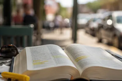 Highlighted Bible Passages on Café Table