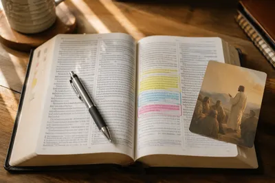 Highlighted Study Bible on Wooden Desk