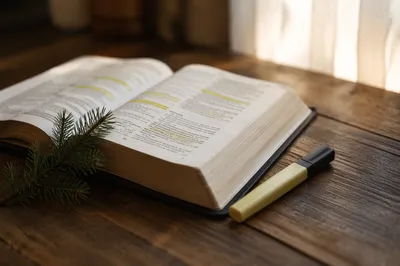 Highlighted Bible with Evergreen Sprig