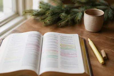Highlighted Bible Study with Evergreen Sprigs
