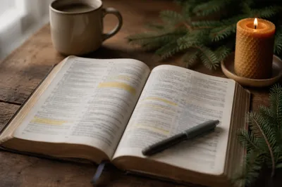 Open Bible with Marker and Evergreen