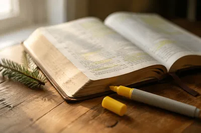 Highlighted Bible Study With Evergreen Sprig