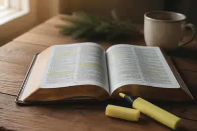 Highlighted Bible Study with Evergreen Sprig