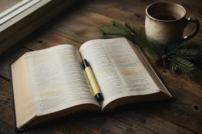 Open Bible with Marker and Evergreen