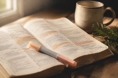 Open Scripture Book with Marker and Evergreen