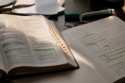 Evergreen Highlighted Bible Passages on Study Desk