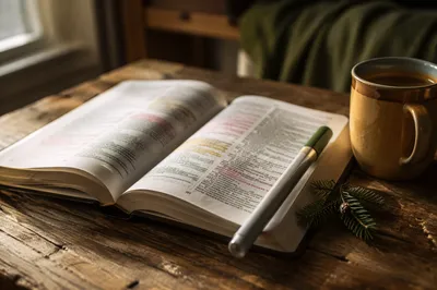 Highlighted Bible Study with Evergreen Sprig