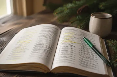 Highlighted Bible with Green Marker and Evergreens