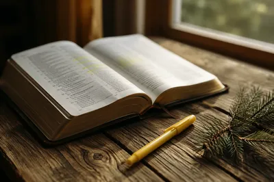 Highlighted Bible Passages with Evergreen Sprig