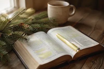 Open Bible with Marker and Evergreen