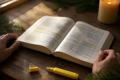 Highlighted Bible Study With Evergreen Candle