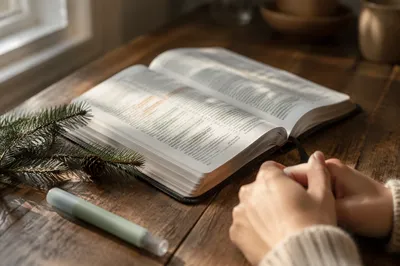Highlighted Bible Study with Evergreen Sprig